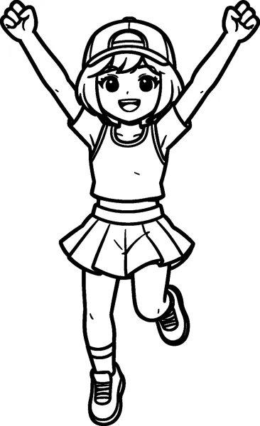 Zoey from KPop Demon Hunters jumps in the air with both fists raised, wearing her cap, t-shirt, pleated skirt and trainers.