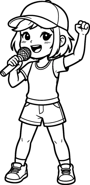 A drawing of Zoey in a baseball cap and shorts, singing into a microphone with a big open smile and one fist raised high.