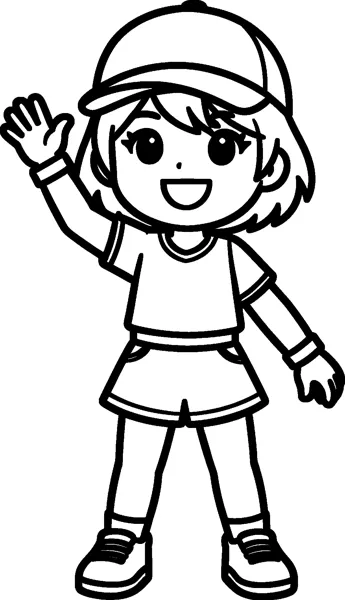 A simple drawing of Zoey in a baseball cap, T-shirt and shorts, smiling and waving one hand, with bold outlines and big shapes.