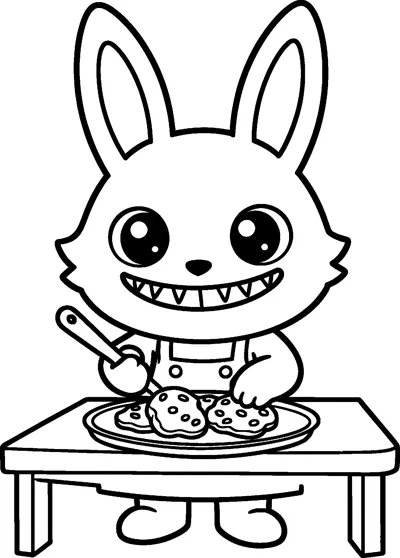 Labubu wears an apron and stands at a table with a plate of chocolate chip cookies, holding a spoon.