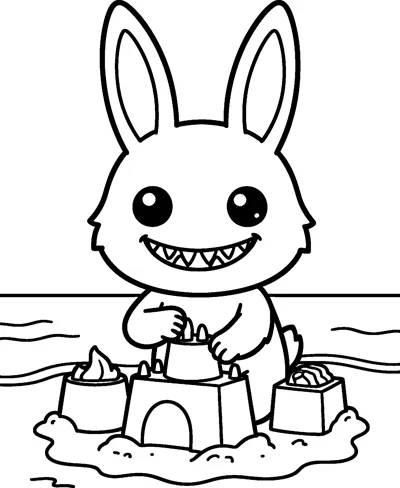 Labubu builds a sandcastle with towers and an arched door on the beach, with the sea behind it.
