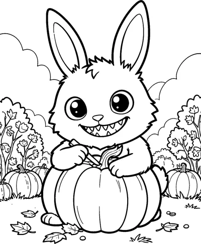 Labubu carves a big pumpkin with a small tool in a pumpkin patch with trees, leaves and clouds.