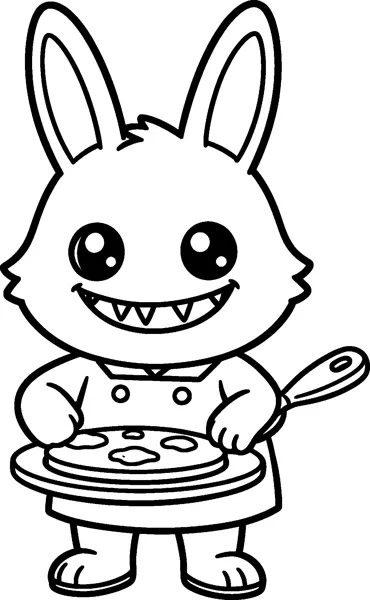 Labubu in a chef's jacket holds a big frying pan with a pancake inside, grinning with small pointed teeth.