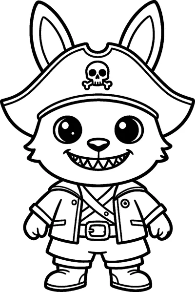 Labubu wears a pirate hat with a skull and crossbones, a jacket with a belt buckle and boots, grinning widely.