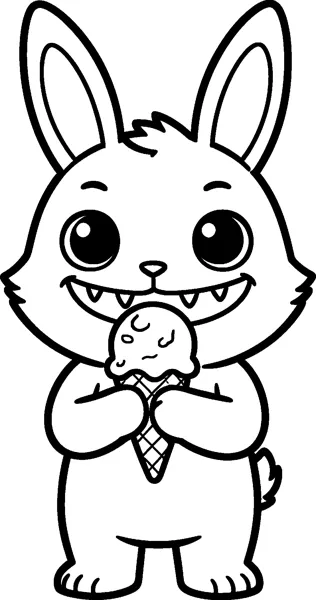 Labubu holds an ice cream cone up to its grinning mouth with both paws, its tall ears pointing straight up.