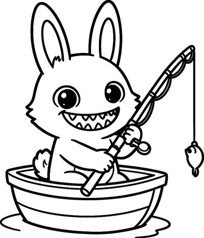 Labubu sits in a little wooden boat holding a fishing rod, with a small fish hanging from the line.