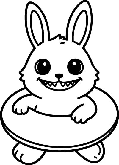 Labubu floats inside a big rubber ring with its paws resting on the edge and its feet below, grinning.