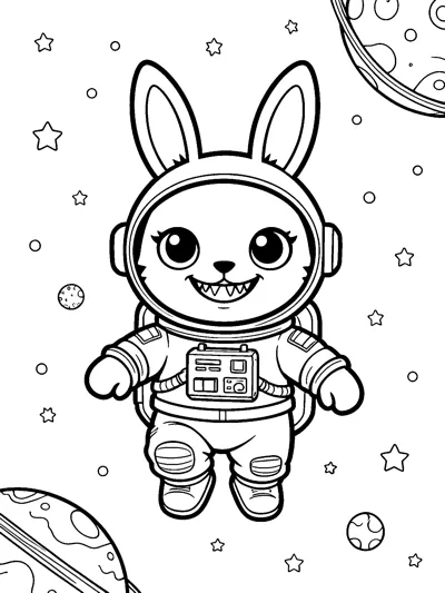 Labubu floats in a space suit and helmet among stars and planets, with big ringed planets in the corners.