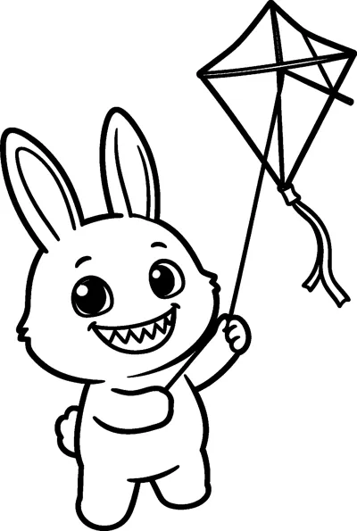 Labubu holds the string of a diamond-shaped kite with a ribbon tail flying high, grinning with pointed teeth.