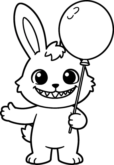 Labubu stands waving one paw while holding a big round balloon on a stick, grinning with a row of small pointed teeth.