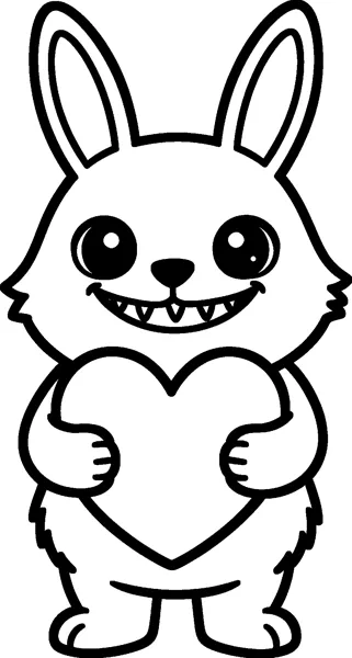 Labubu hugs a large heart shape to its tummy with both paws, grinning with small pointed teeth and big eyes.