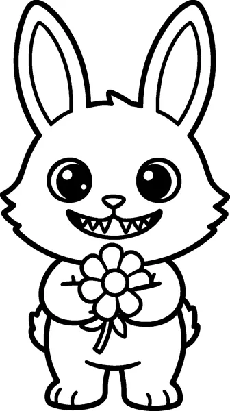 Labubu holds a big daisy-like flower with both paws, grinning with small pointed teeth and big round eyes.