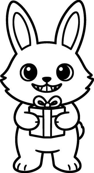 Labubu stands holding a wrapped present with a big bow on top, smiling with a row of small pointed teeth.