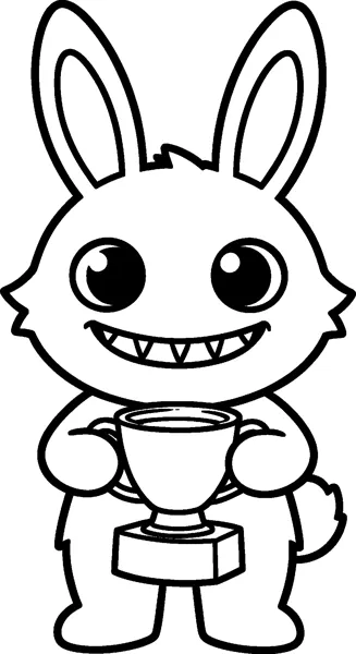 Labubu holds a shiny trophy cup on a square base with both paws, grinning proudly with small pointed teeth.