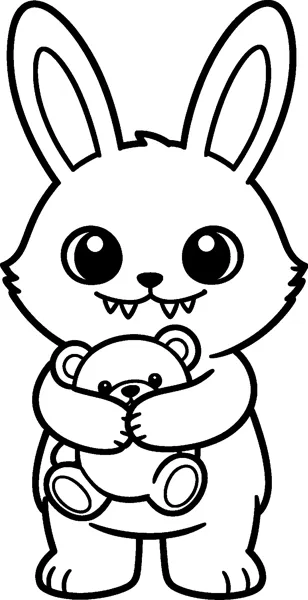 Labubu hugs a small teddy bear tightly to its chest, grinning with small pointed teeth and big shiny eyes.