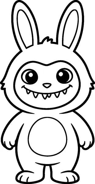 Labubu wears a fluffy bunny suit with long ears and a round belly patch, its grinning face showing through the hood.