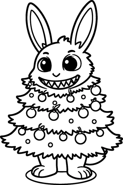 Labubu wears a bushy Christmas tree costume covered in round baubles, with its tall ears and toothy grin poking out.