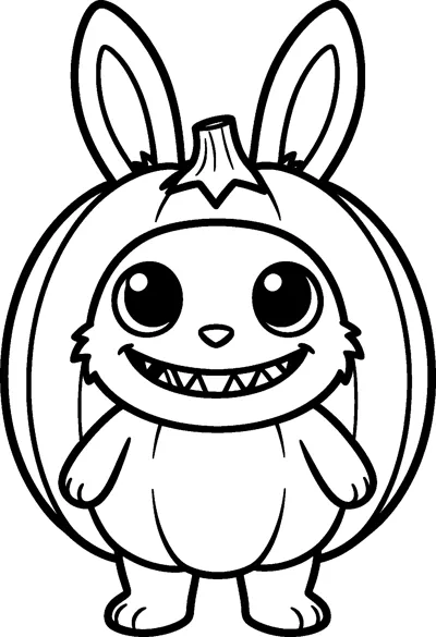 Labubu peeks out of a round pumpkin costume with a stalk on top, its tall ears sticking up and a big toothy grin.