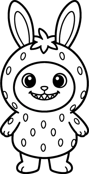 Labubu wears a round strawberry costume with seeds and a leafy top, its grinning face showing through the opening.