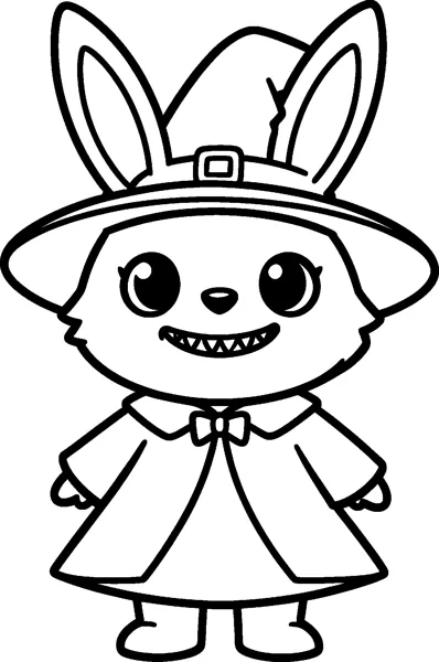 Labubu wears a wide-brimmed witch hat with a buckle and a long cape tied with a bow, grinning with pointed teeth.