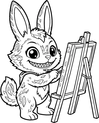 Labubu stands at a wooden easel painting with a brush, its fur filled with leaf and swirl patterns.