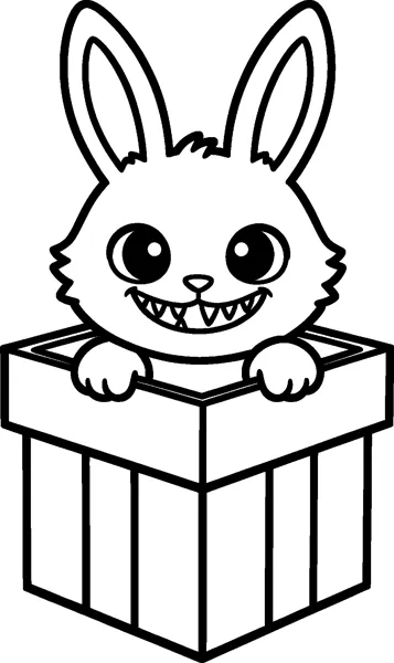 Labubu peeks over the edge of a tall striped gift box with its paws resting on the rim and a cheeky grin.