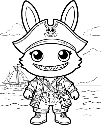 Labubu stands on the shore in a decorated pirate coat and hat, with a sailing ship on the sea behind.