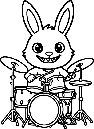 Labubu sits behind a full drum kit with cymbals, tapping the drums with sticks and grinning with pointed teeth.