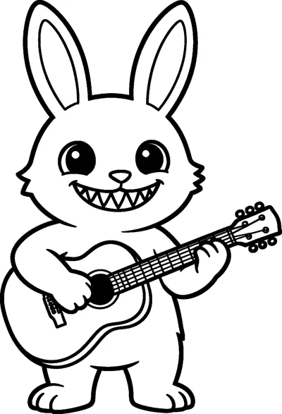 Labubu stands strumming an acoustic guitar, holding the neck with one paw and grinning with a row of pointed teeth.