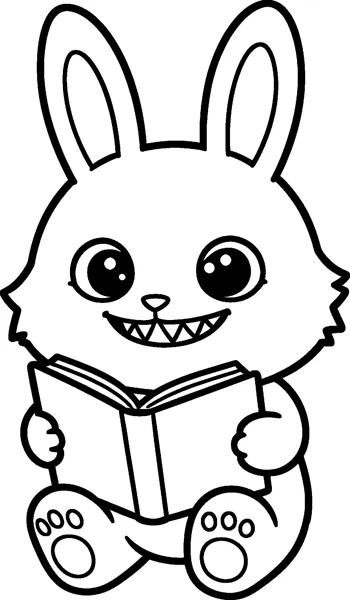 Labubu sits holding an open book in both paws, with its padded feet showing and a toothy grin.