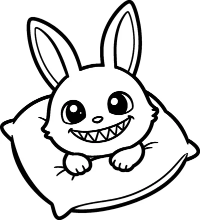 Labubu lies on a big soft pillow with its paws in front, peeking up with big round eyes and a toothy grin.