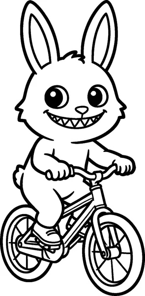 Labubu rides a small bicycle, gripping the handlebars and pushing the pedals, with tall ears and a toothy grin.