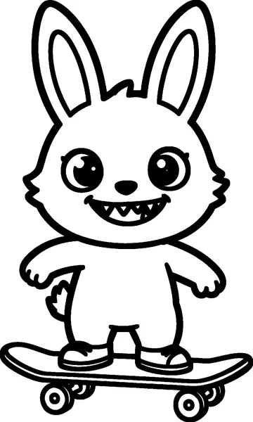 Labubu stands on a skateboard with its arms out for balance, wearing trainers and grinning with small pointed teeth.