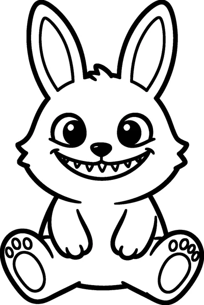 Labubu sits with its legs stretched out, showing big round eyes, tall rabbit-like ears, padded feet and a wide toothy grin.