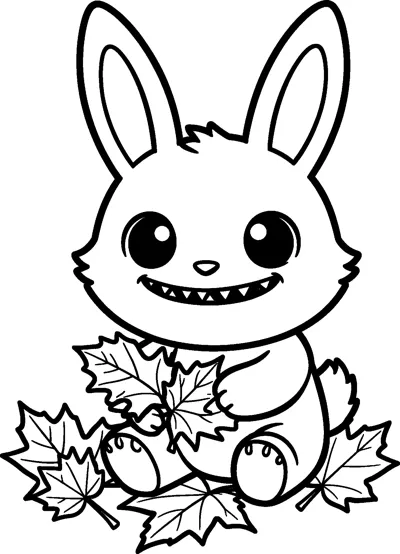 Labubu sits in a pile of large maple leaves, holding one up with its paw and grinning with small pointed teeth.