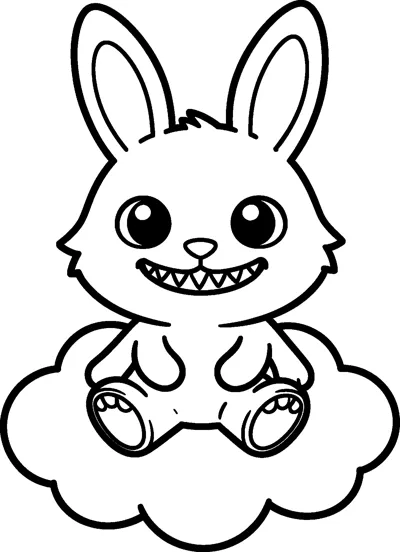 Labubu sits on a big puffy cloud with its padded feet sticking out, grinning with pointed teeth and tall rabbit-like ears.