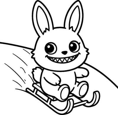 Labubu rides a wooden sledge down a snowy hill with speed lines behind it, grinning with small pointed teeth.