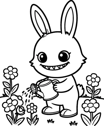 Labubu holds a watering can, sprinkling water onto a row of flowers in a garden with grass tufts.