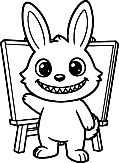 Labubu stands waving in front of an art easel holding a blank canvas, grinning with a row of pointed teeth.