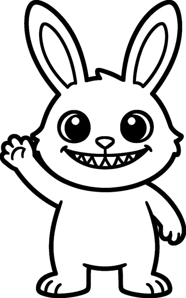 Labubu stands waving one paw in a friendly hello, with tall rabbit-like ears, big eyes and a wide toothy grin.