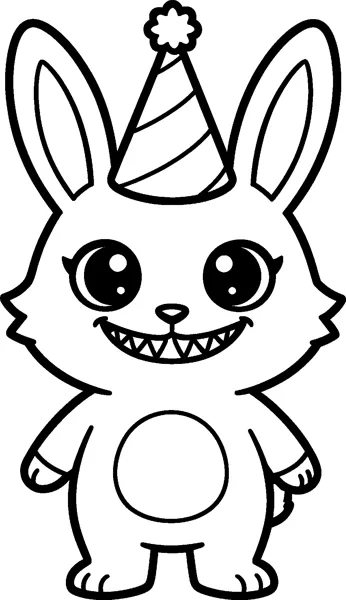 Labubu stands with a striped party hat between its tall ears, showing a round belly patch and a toothy grin.