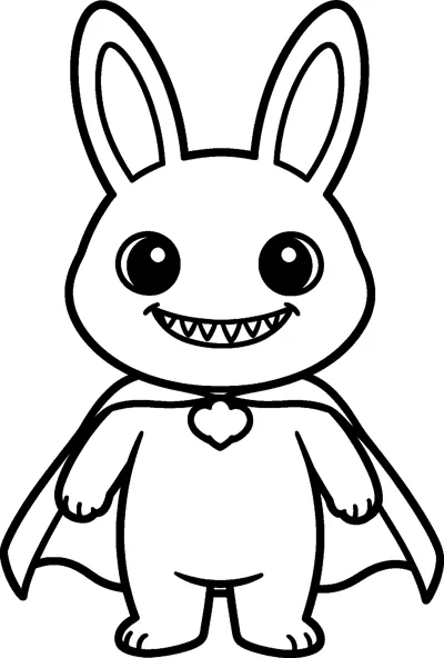 Labubu stands tall in a flowing superhero cape fastened with a cloud-shaped clasp, grinning with pointed teeth.