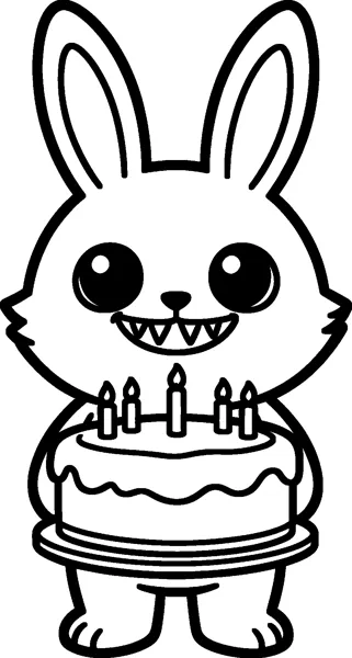 Labubu holds a round birthday cake with drippy icing and five lit candles, grinning with small pointed teeth.