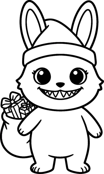 Labubu wears a warm hat and stands in front of a big sack full of wrapped presents, grinning with pointed teeth.