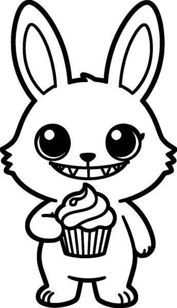 Labubu holds a large cupcake with swirly frosting and a cherry, smiling with a wide grin full of small pointed teeth.