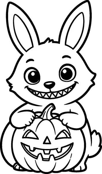Labubu sits behind a carved jack-o'-lantern with a smiling face, resting its paws on top and grinning.
