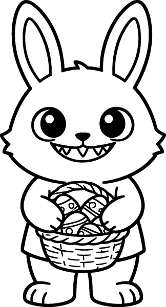 Labubu holds a woven basket filled with patterned Easter eggs, grinning with small pointed teeth and tall ears.