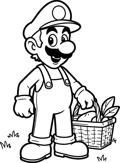 Luigi stands on the grass smiling and holds a woven picnic basket filled with food beside him.