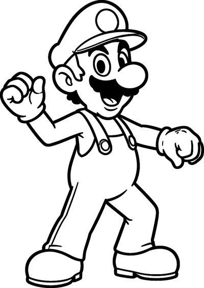 Luigi strikes a dance pose with one fist raised and one leg stepping out, smiling under his cap.