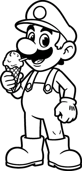 Luigi stands smiling and licks a scoop of ice cream in a waffle cone held in one gloved hand.